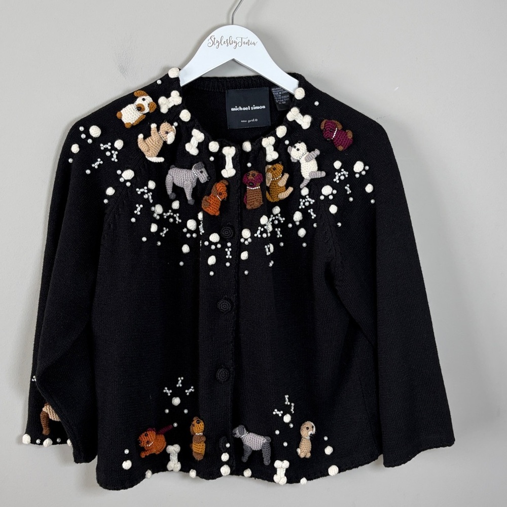 Michael Simon 3D Dog Puppy Black Cardigan Sweater Bone Paw Print Embellished L